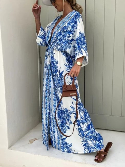 Boho Border Print Kimono Sleeve Maxi Dress - Blue - 1