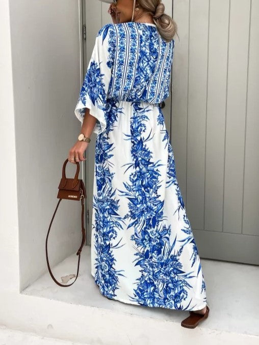 Boho Border Print Kimono Sleeve Maxi Dress - Blue - 2