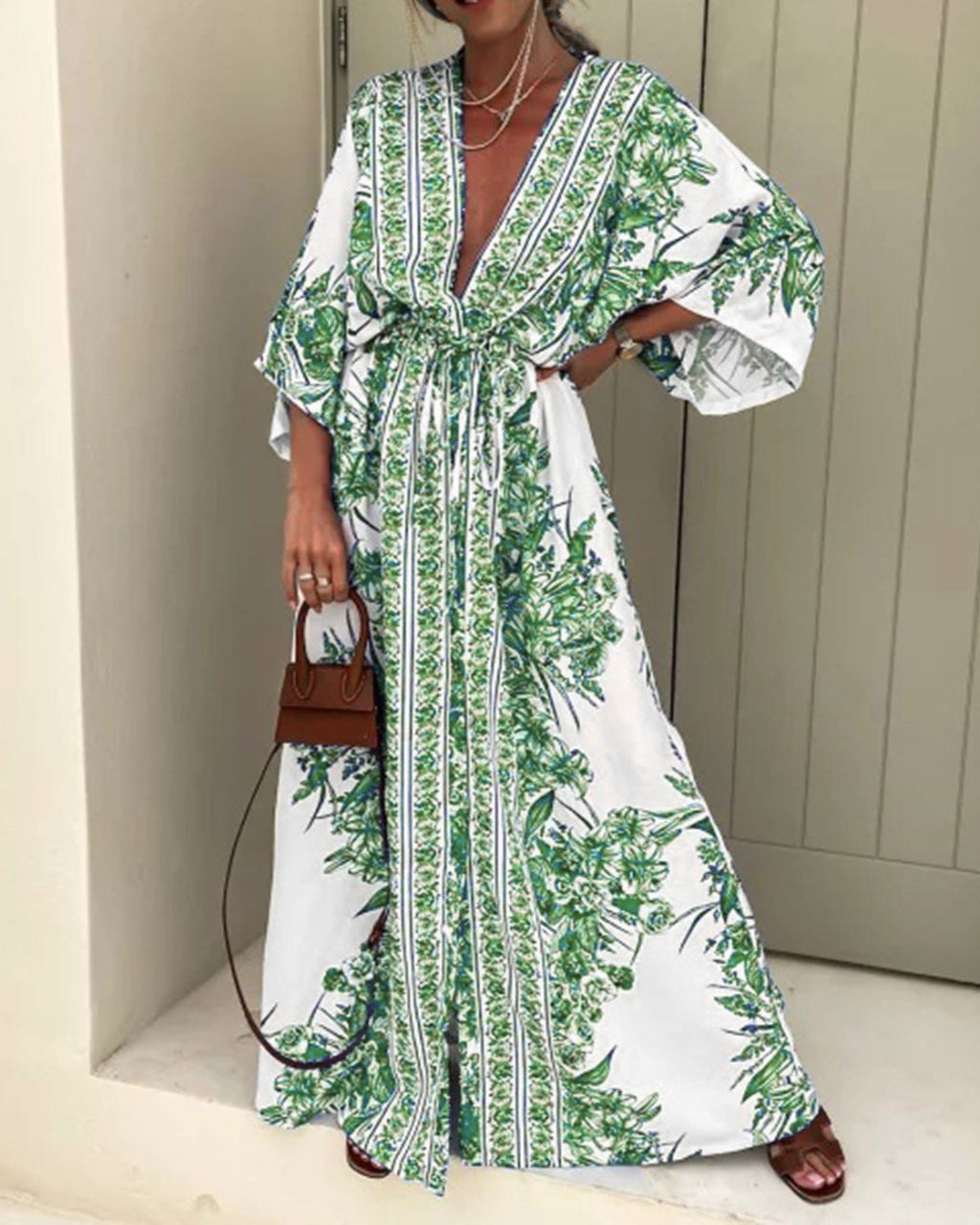 Boho Border Print Kimono Sleeve Maxi Dress - Green