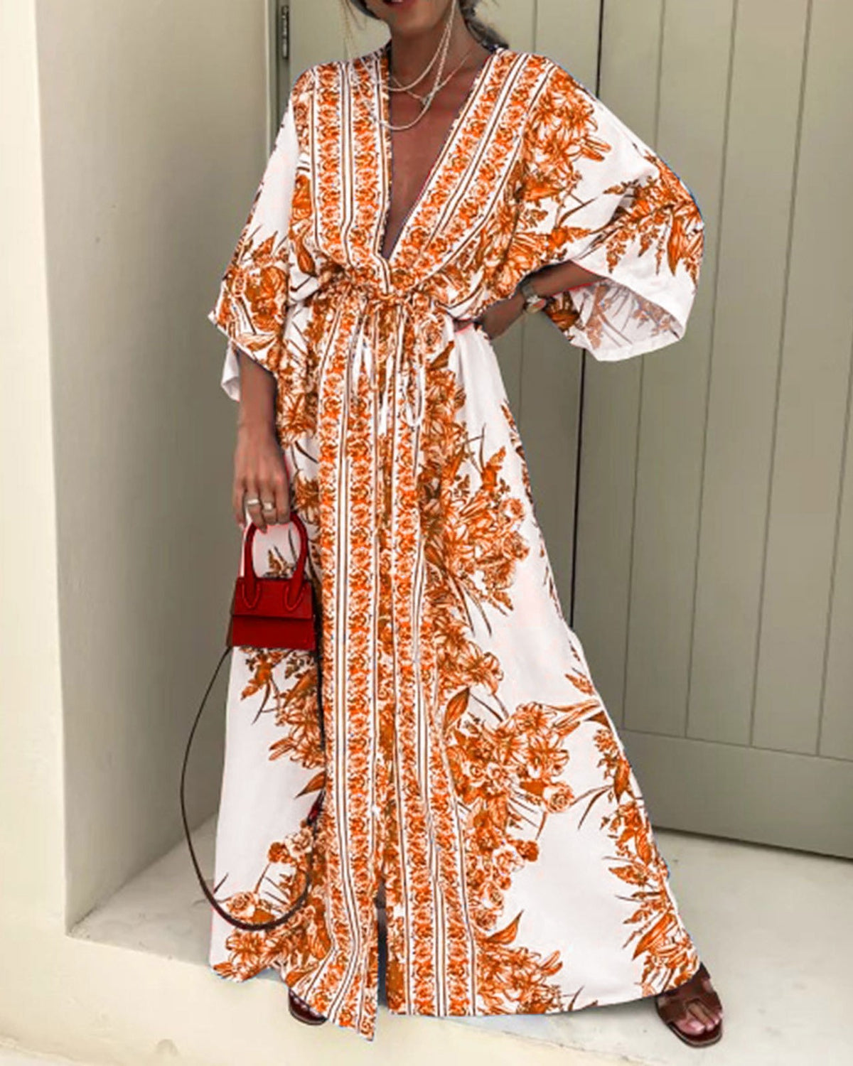 Boho Border Print Kimono Sleeve Maxi Dress - Orange
