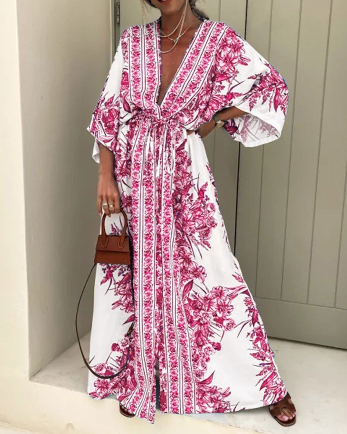 Boho Border Print Kimono Sleeve Maxi Dress - RoseRed