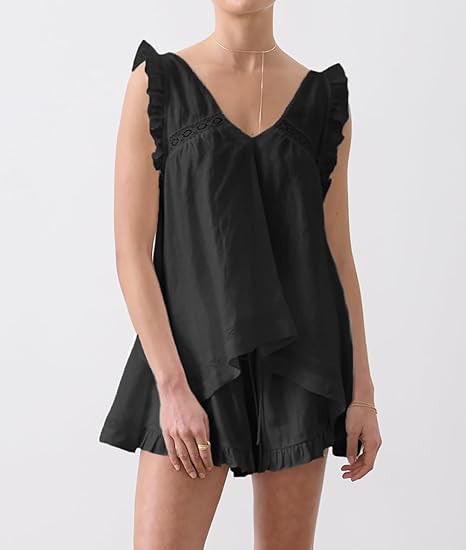 Ruffle Trim V Neck Two Piece Lounge Set - Black