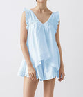 Ruffle Trim V Neck Two Piece Lounge Set - Blue