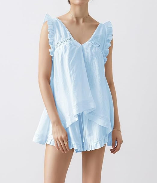 Ruffle Trim V Neck Two Piece Lounge Set - Blue
