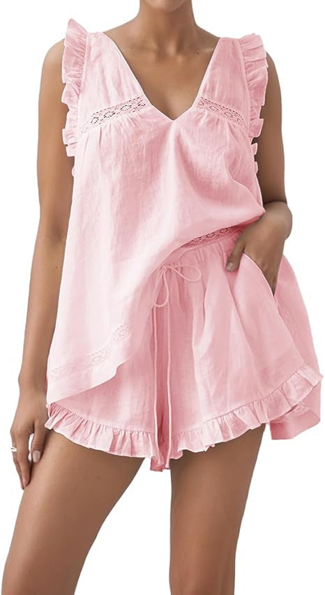 Ruffle Trim V Neck Two Piece Lounge Set - Pink