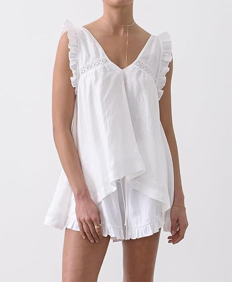Ruffle Trim V Neck Two Piece Lounge Set - White