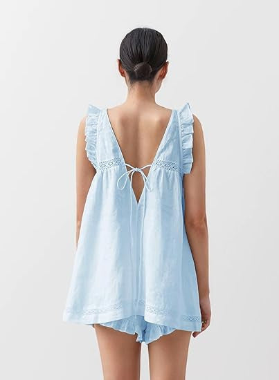 Ruffle Trim V Neck Two Piece Lounge Set