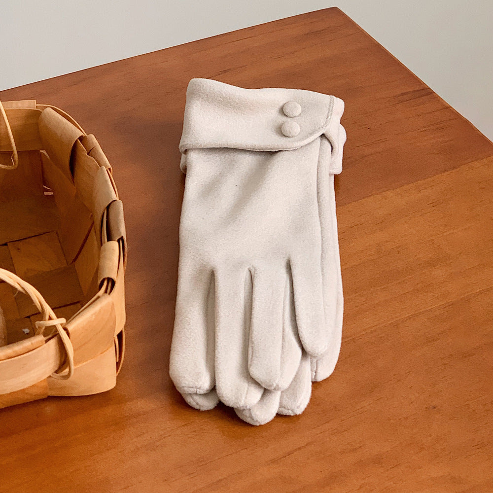 Soft Fleece Gloves With Button Cuff Detail - Beige