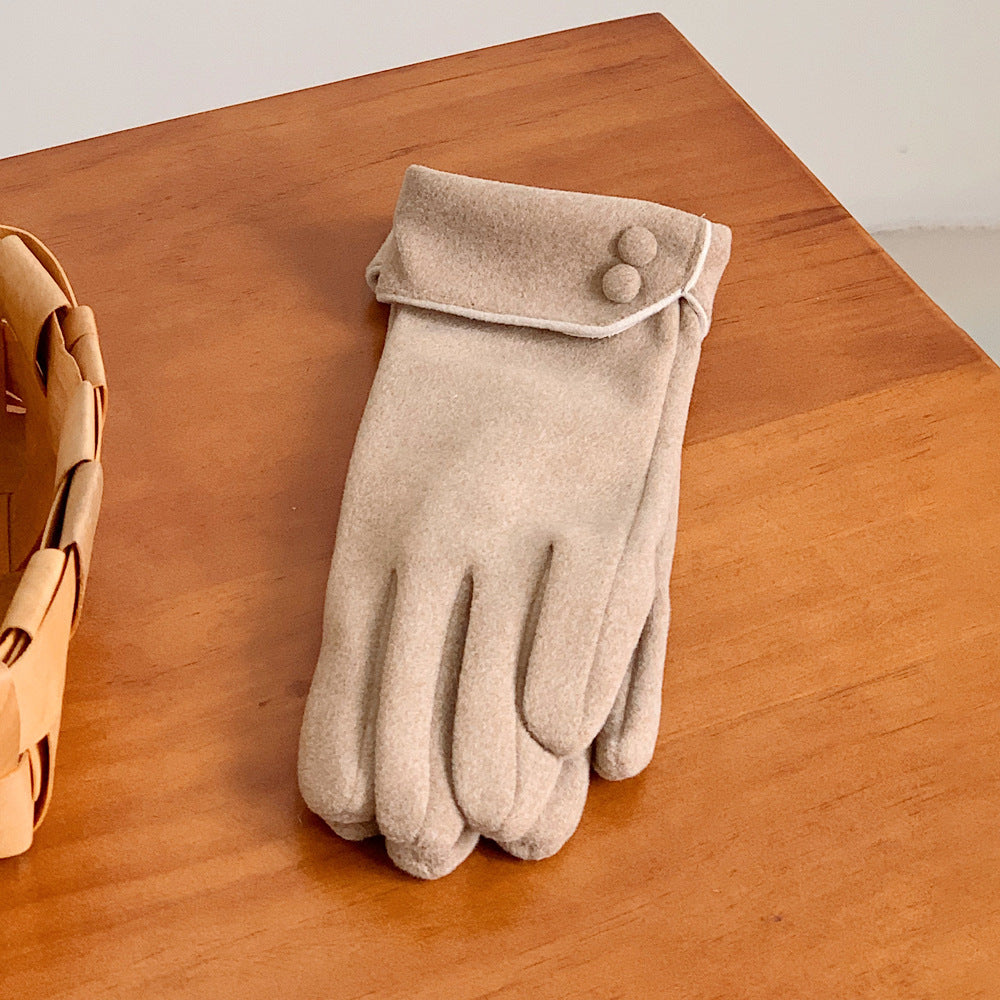Soft Fleece Gloves With Button Cuff Detail - Khaki