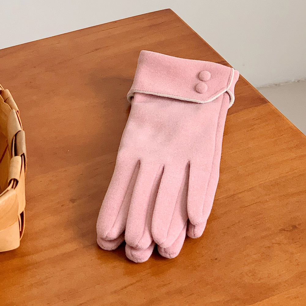 Soft Fleece Gloves With Button Cuff Detail - Pink - 1