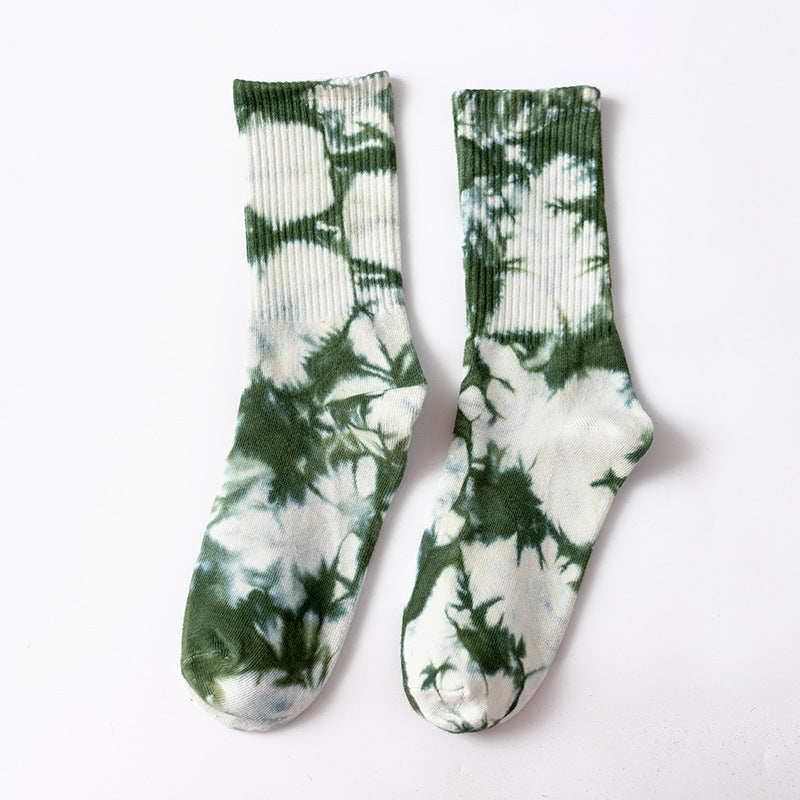 Marbled Tie Dye Cotton Crew Socks - DkGreen