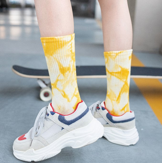 Marbled Tie Dye Cotton Crew Socks - Yellow - 2