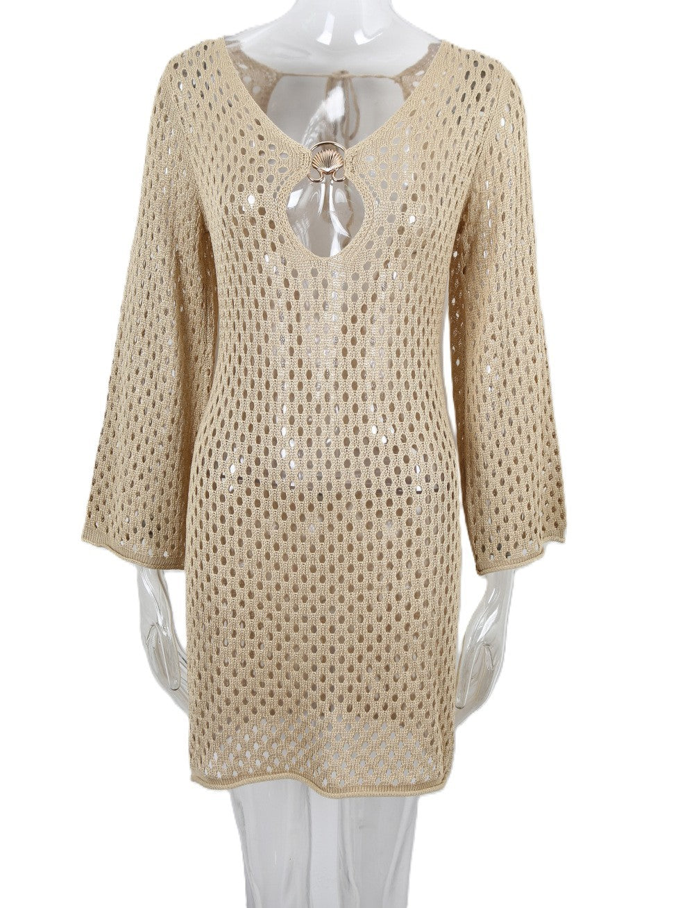 Crochet Ring Cutout Mini Beach Dress - Khaki