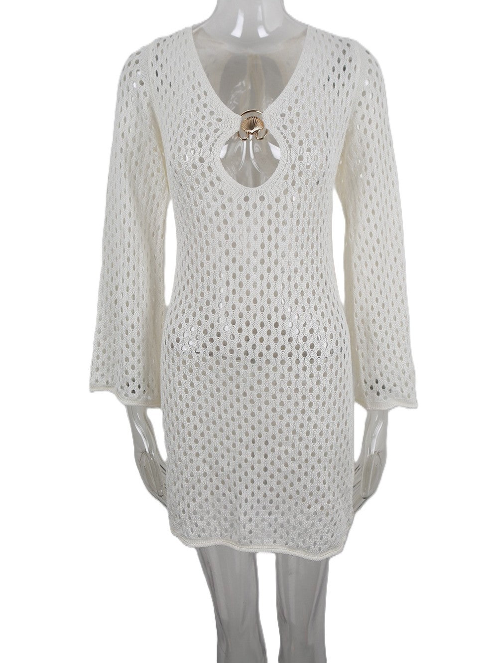 Crochet Ring Cutout Mini Beach Dress - White - 1