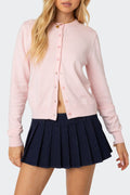 Crewneck Cropped Knit Cardigan Sweater - Pink