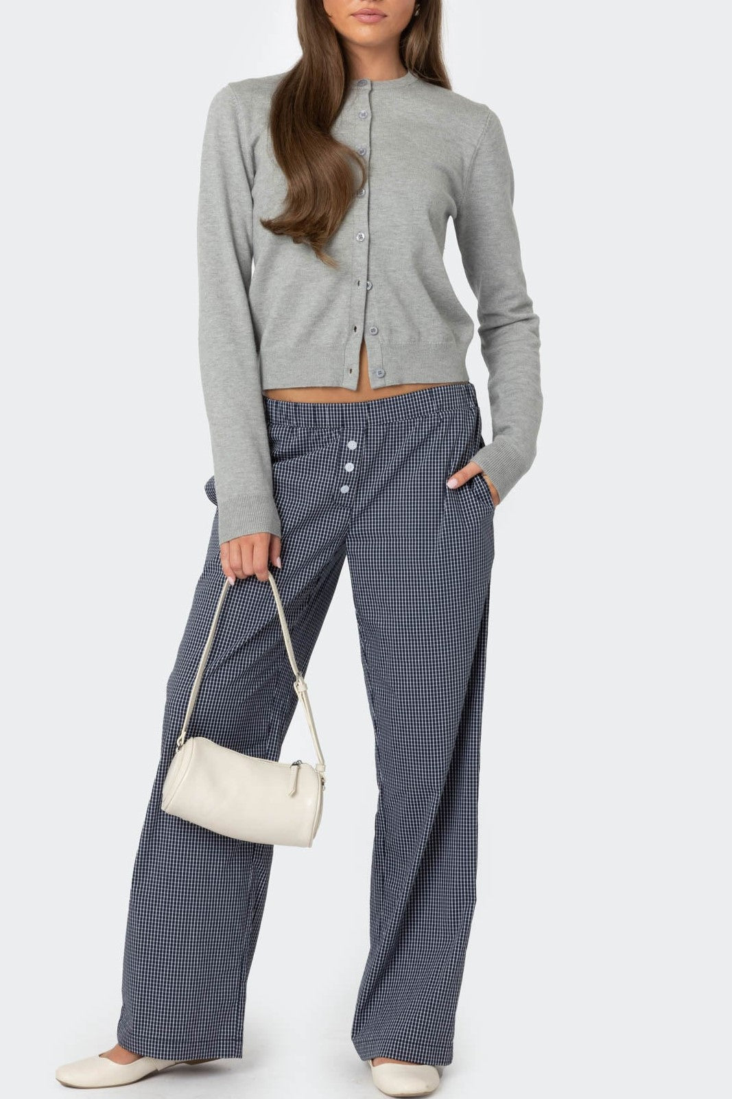 Crewneck Cropped Knit Cardigan Sweater - grey - 1