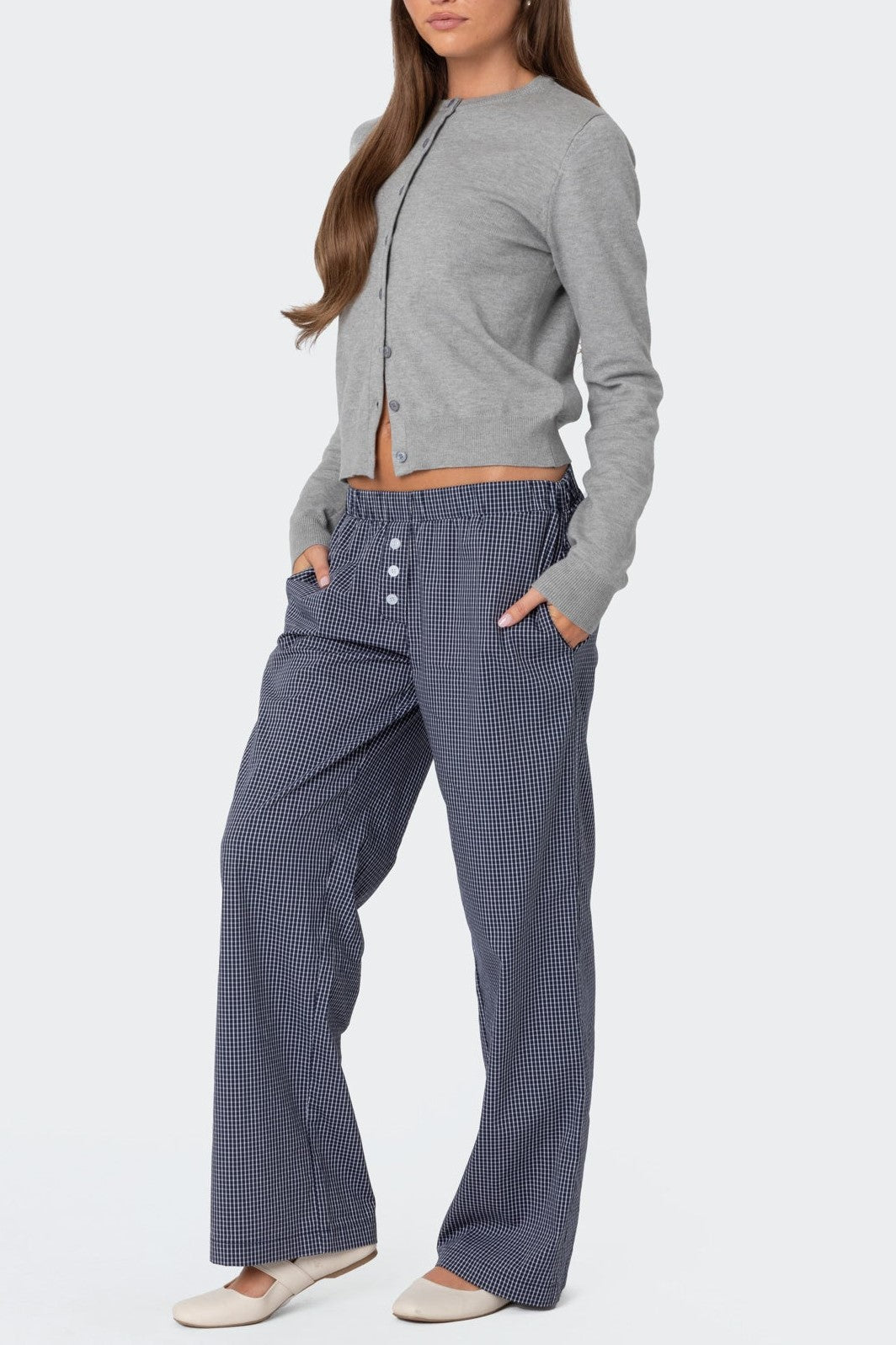 Crewneck Cropped Knit Cardigan Sweater - grey - 2