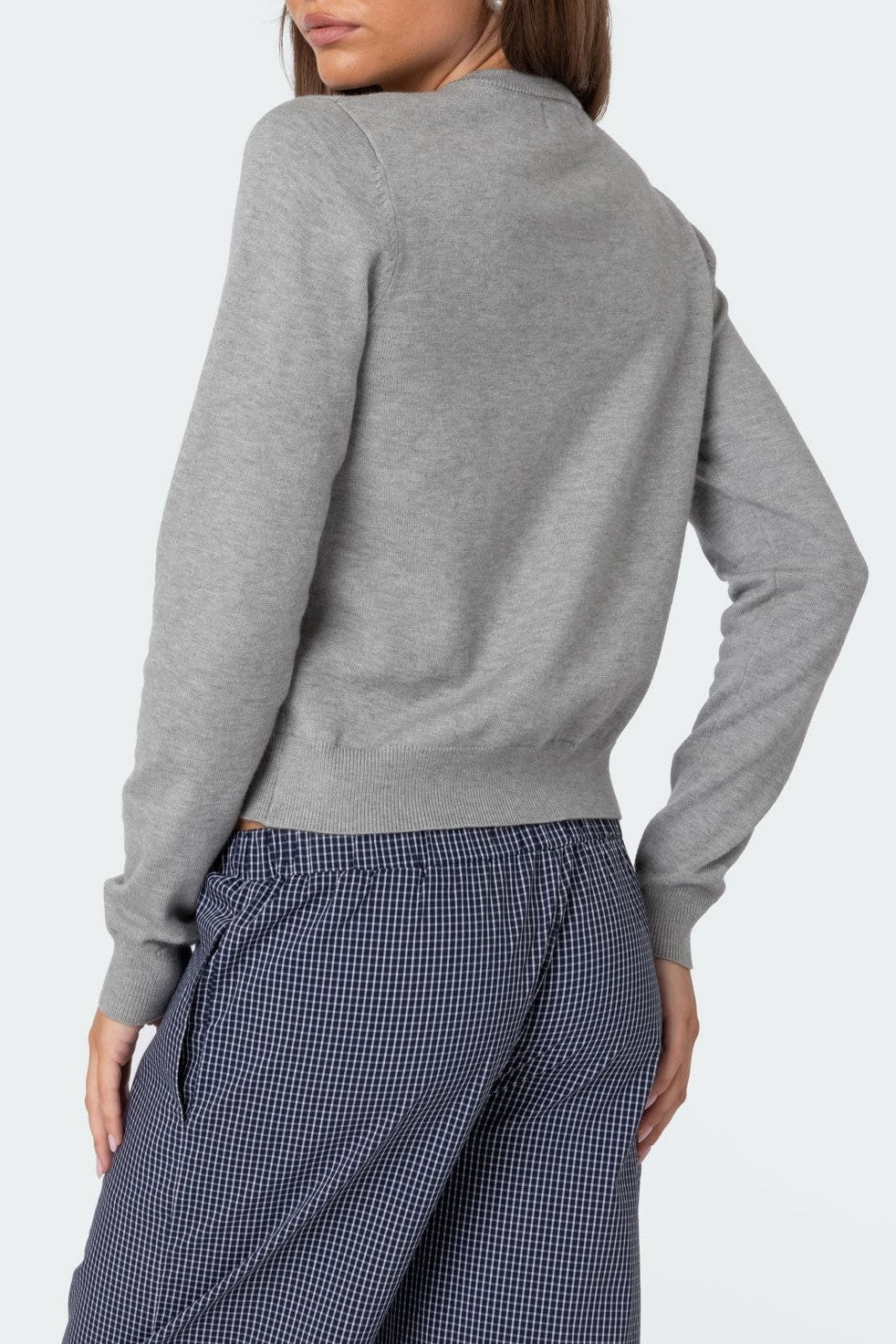 Crewneck Cropped Knit Cardigan Sweater - grey - 3