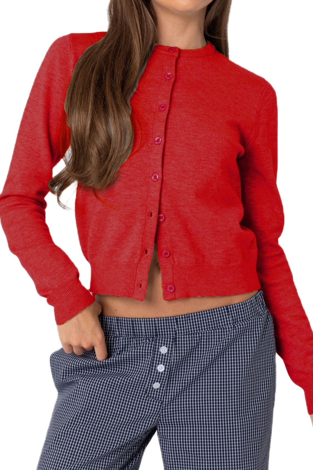 Crewneck Cropped Knit Cardigan Sweater - red