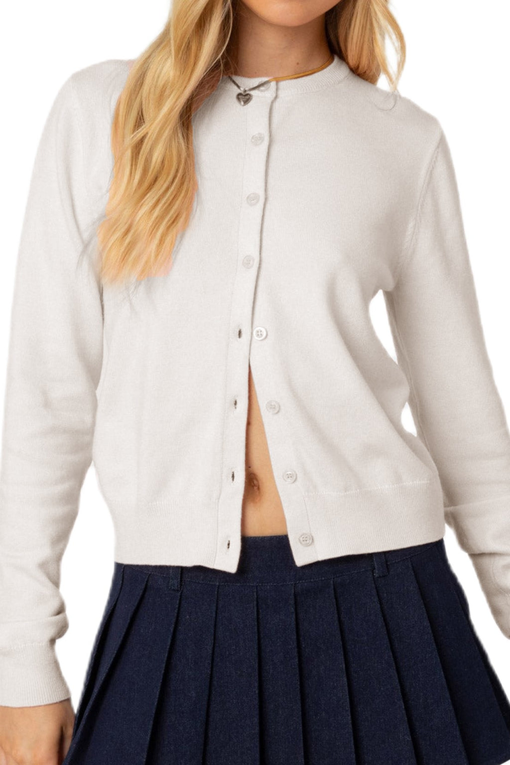 Crewneck Cropped Knit Cardigan Sweater - white