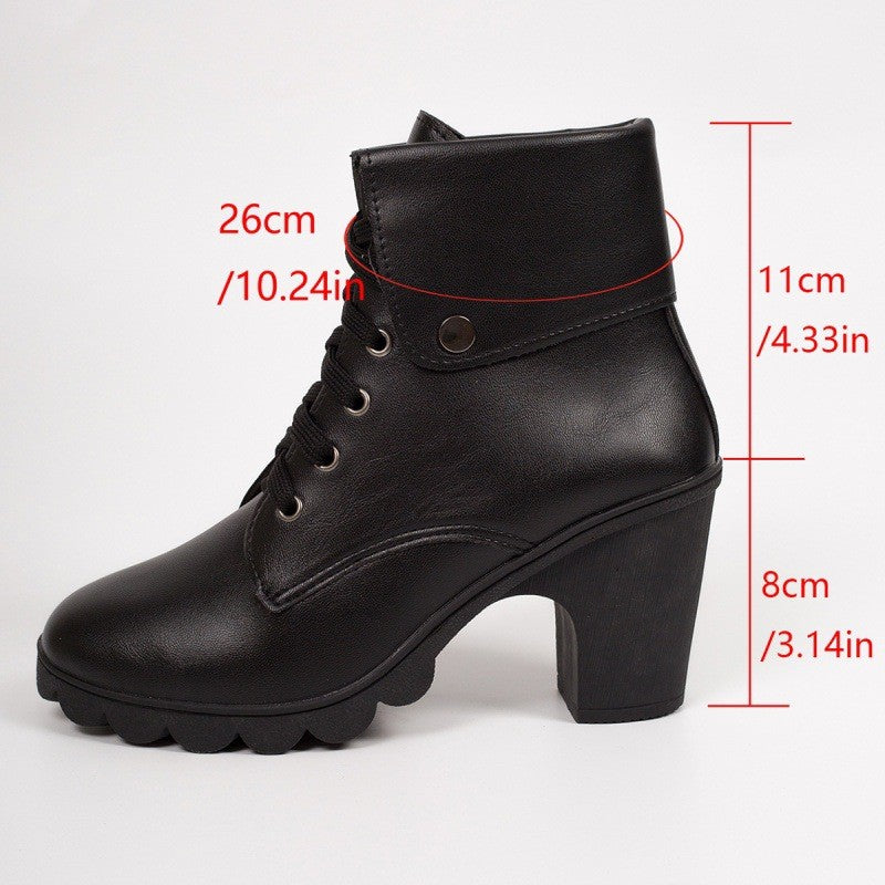 Lace Up Cuffed Block Heel Ankle Boots - Black