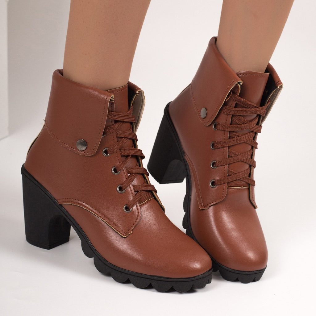 Lace Up Cuffed Block Heel Ankle Boots
