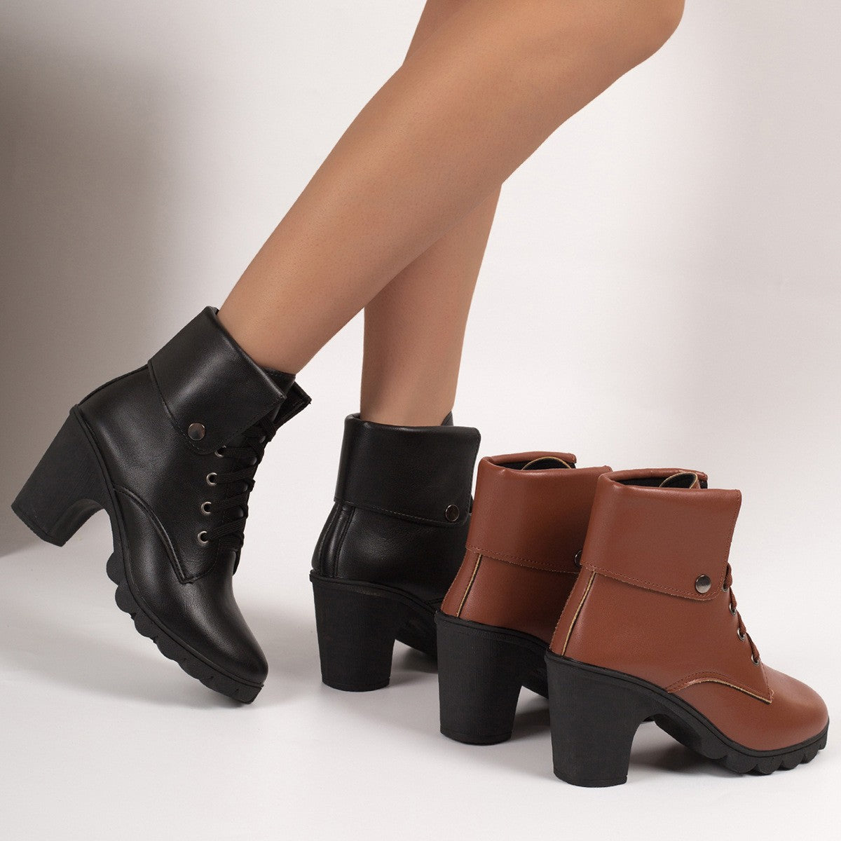 Lace Up Cuffed Block Heel Ankle Boots