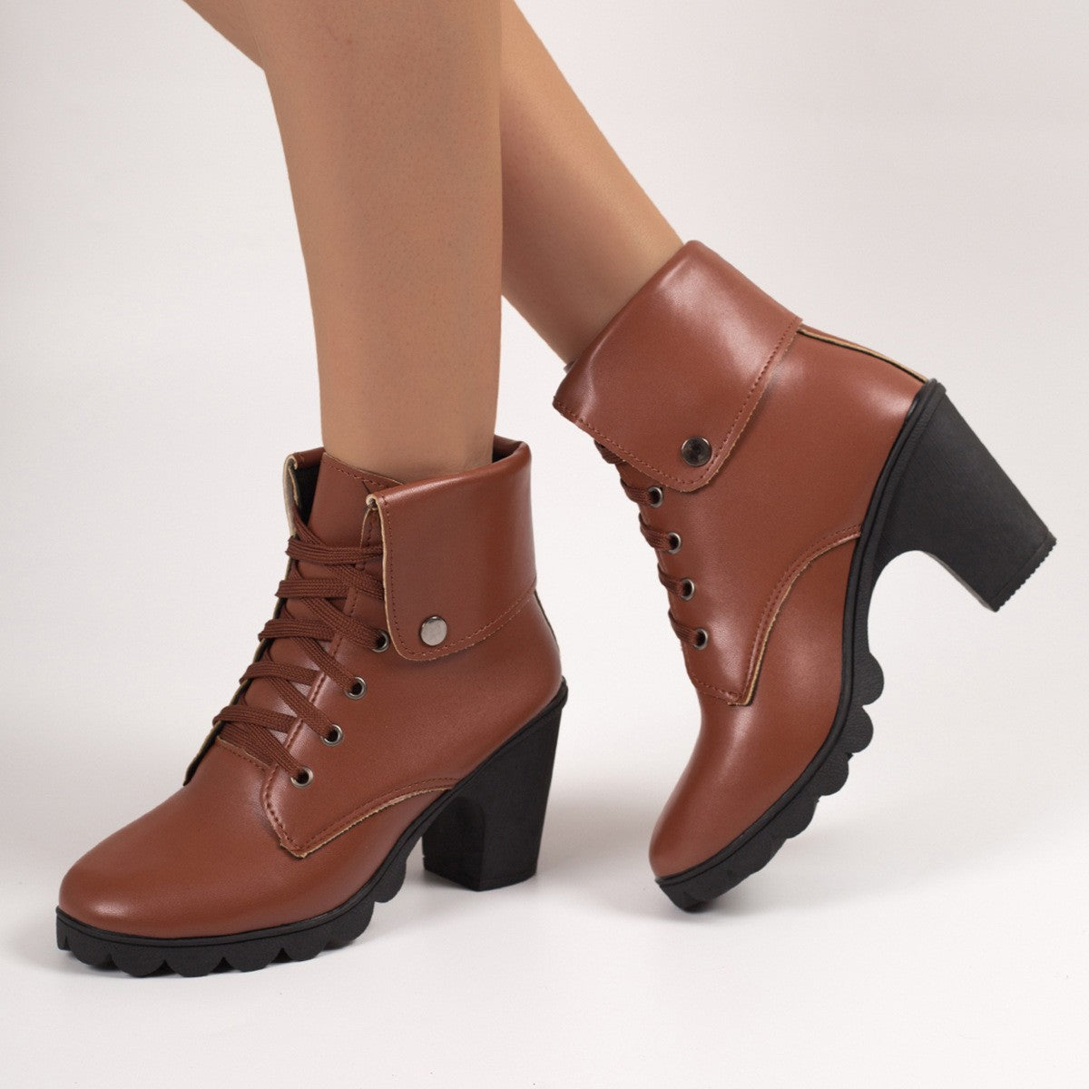 Lace Up Cuffed Block Heel Ankle Boots