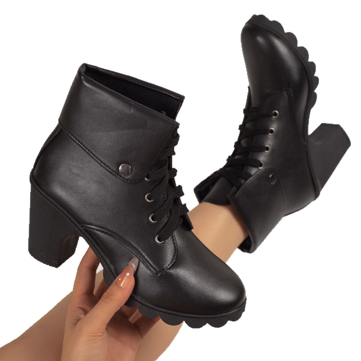 Lace Up Cuffed Block Heel Ankle Boots