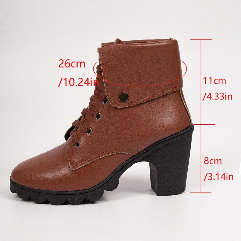 Lace Up Cuffed Block Heel Ankle Boots