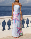 Floral Print Strapless Column Maxi Dress - Light-Blue