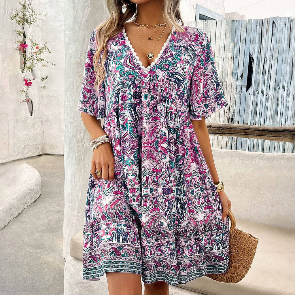 Boho Floral Mini Dress With Flutter Sleeves - Rose
