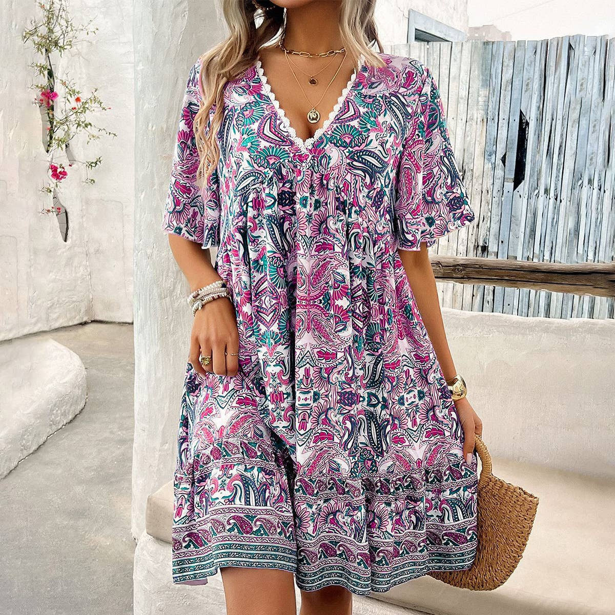 Boho Floral Mini Dress With Flutter Sleeves - Rose