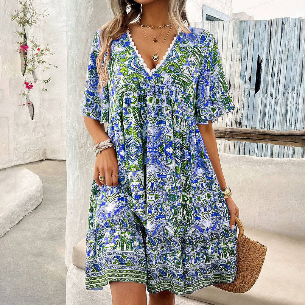 Boho Floral Mini Dress With Flutter Sleeves - RoyalBlue