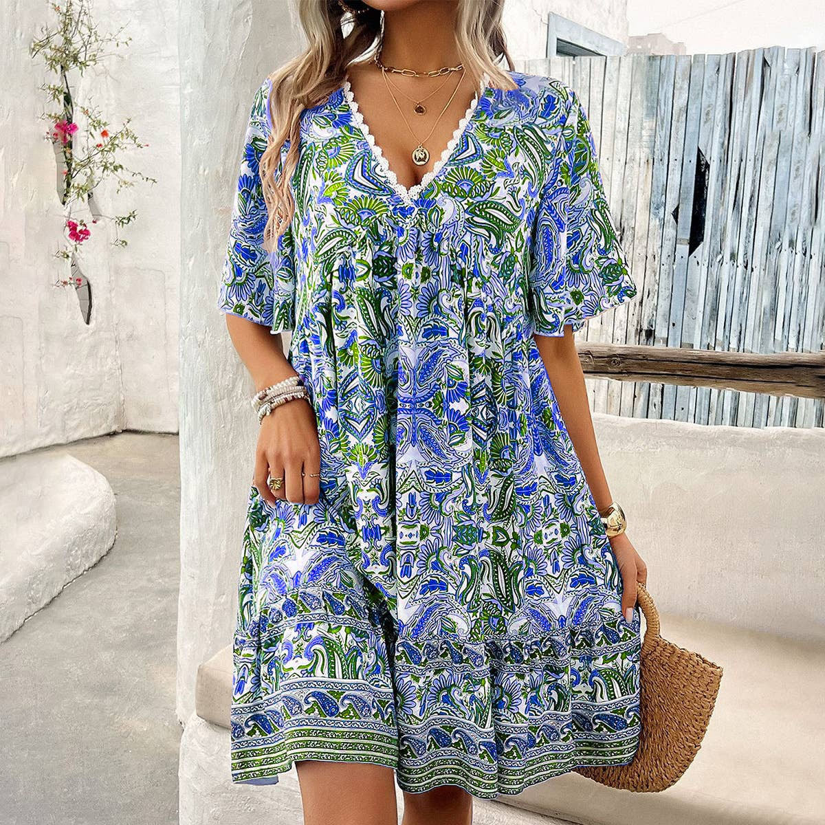 Boho Floral Mini Dress With Flutter Sleeves - RoyalBlue
