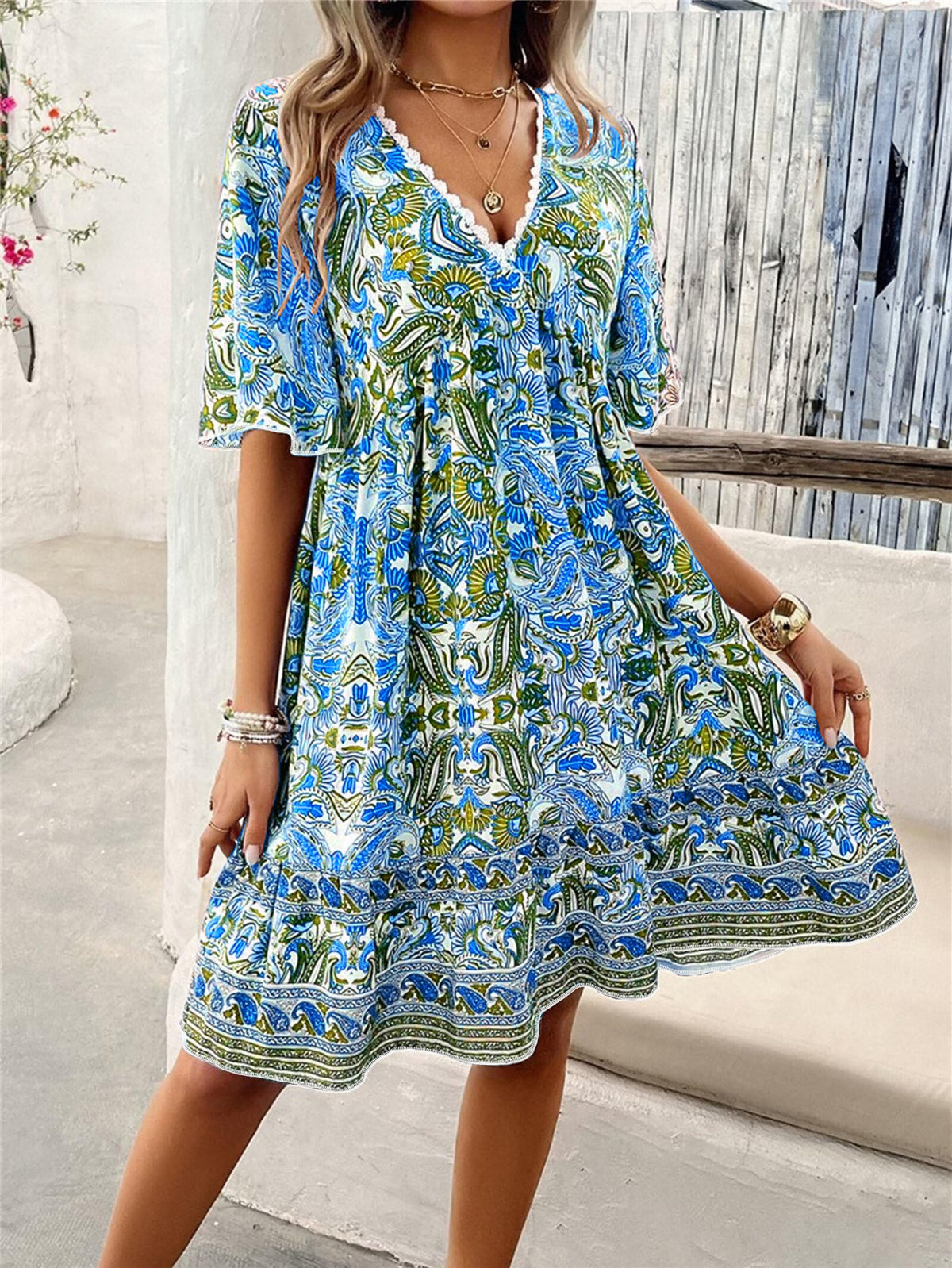 Boho Floral Mini Dress With Flutter Sleeves