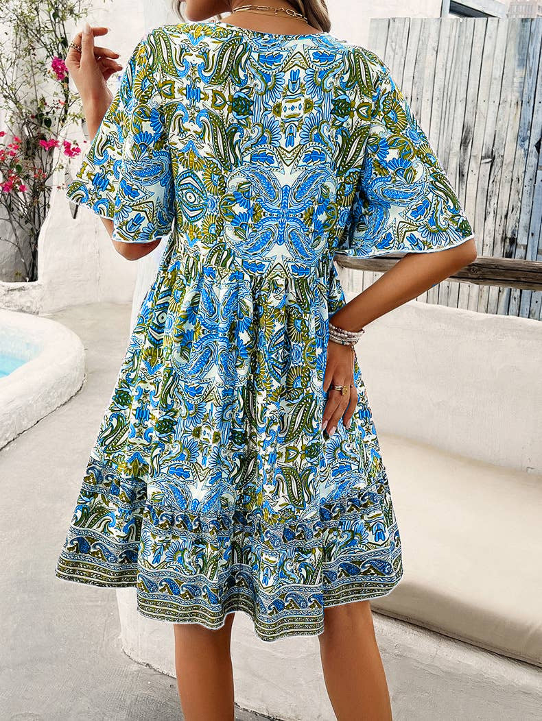 Boho Floral Mini Dress With Flutter Sleeves - view 1