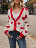 Heart Jacquard V Neck Button Cardigan - Apricot