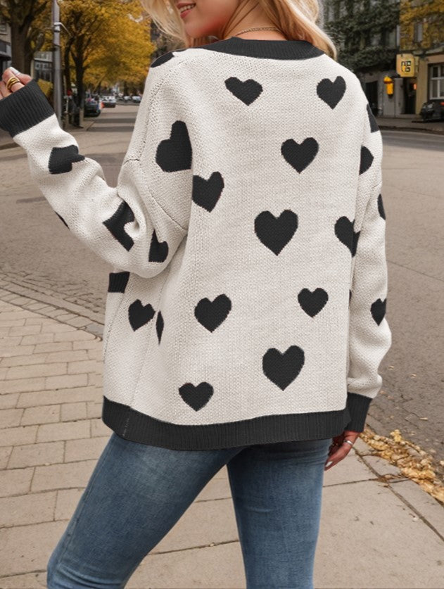 Heart Jacquard V Neck Button Cardigan - Apricot-B - 1