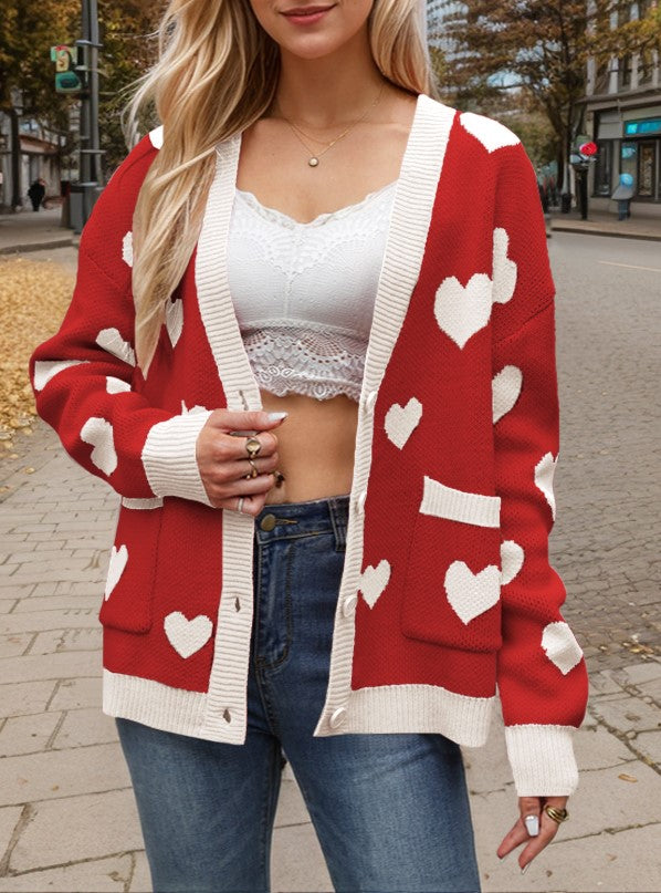 Heart Jacquard V Neck Button Cardigan - Red
