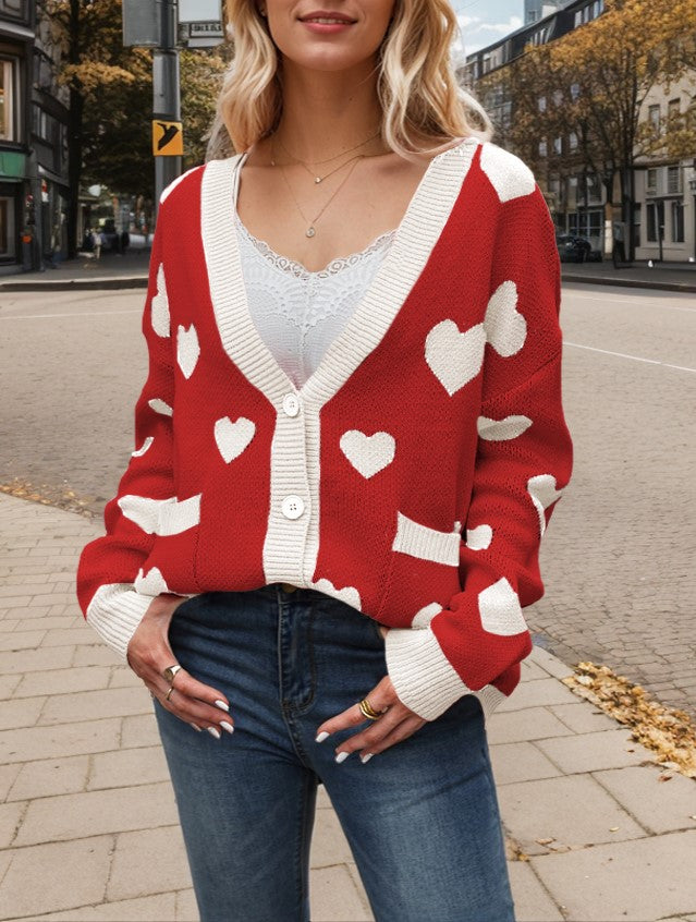 Heart Jacquard V Neck Button Cardigan - Red - 1
