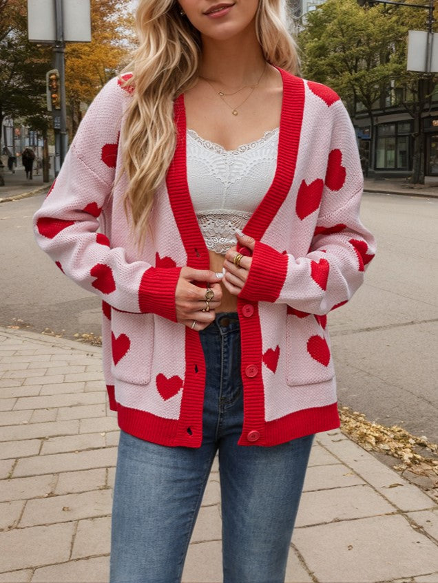 Heart Jacquard V Neck Button Cardigan