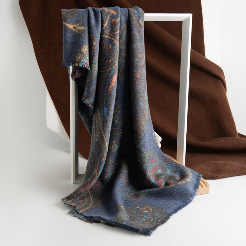 Retro Paisley Print Fringed Wrap Scarf - Blue