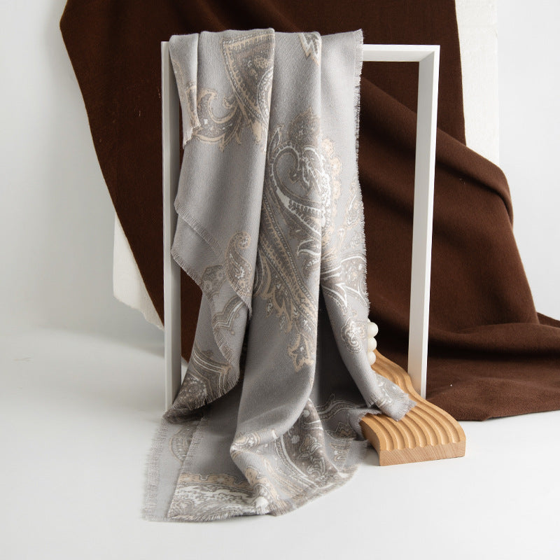 Retro Paisley Print Fringed Wrap Scarf - LightGray