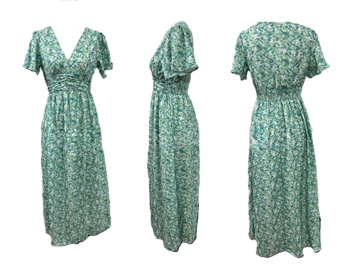 Ditsy Floral Flutter Sleeve Maxi Dress - Green