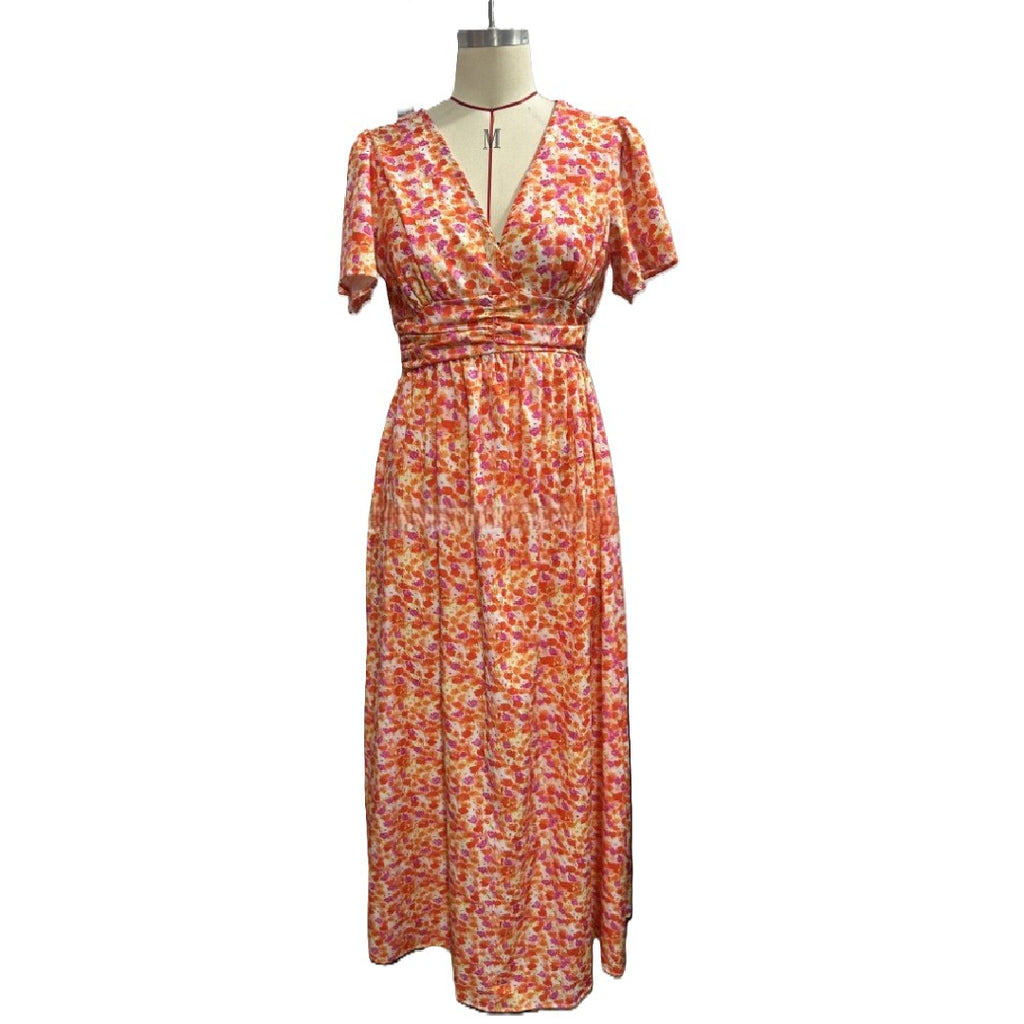 Ditsy Floral Flutter Sleeve Maxi Dress - Orange