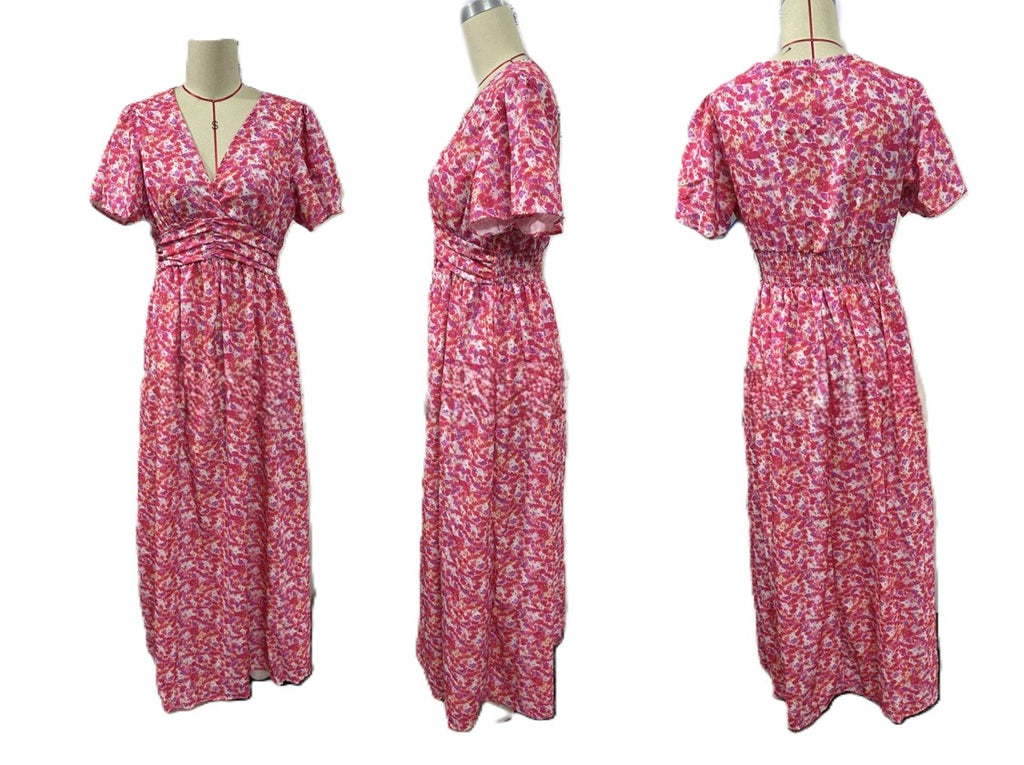 Ditsy Floral Flutter Sleeve Maxi Dress - Red
