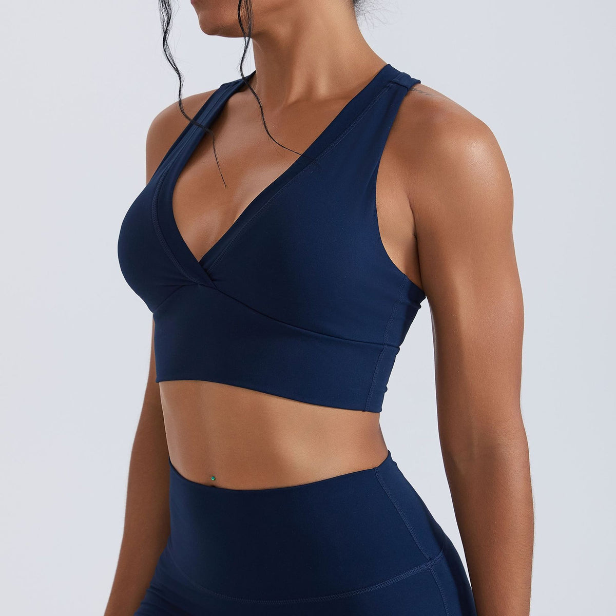 Wrap V Neck Racerback Padded Workout Sports Bra - Navy