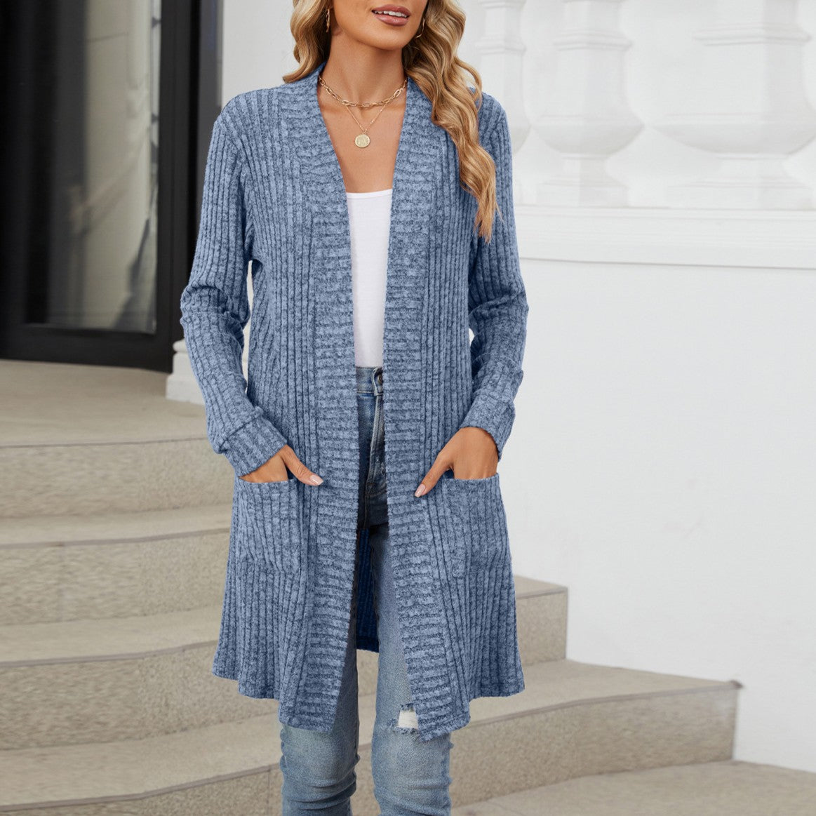 Ribbed Open Front Longline Pocket Cardigan - Blue