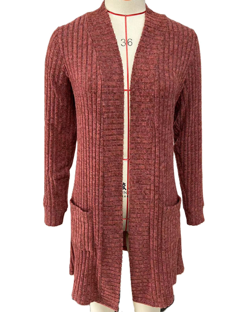 Ribbed Open Front Longline Pocket Cardigan - Brickred